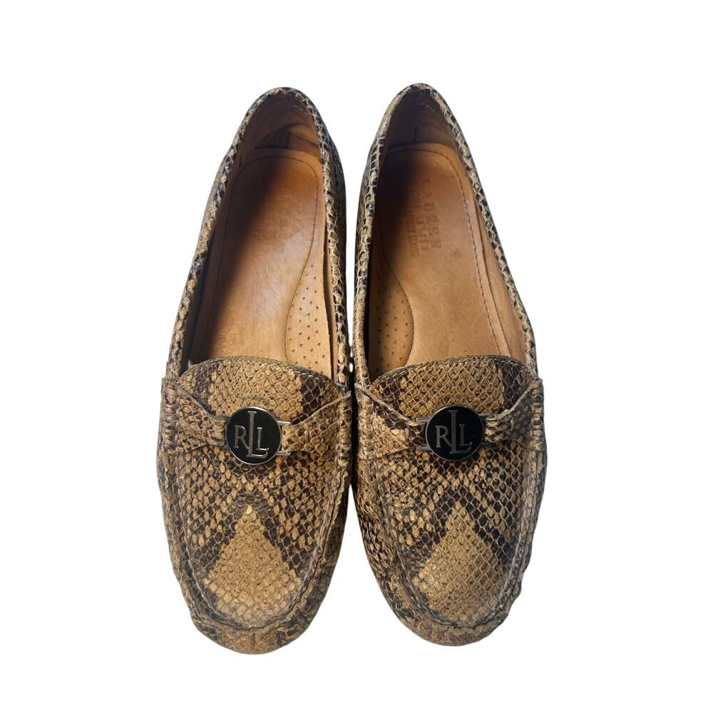 Lauren Ralph Lauren Carley Loafers Size 8 Python Embossed Leather Driving Flats - Picture 2 of 5
